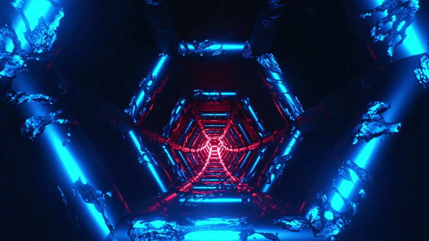 A camera moves endlessly through a dark metallic hexagonal sci-fi tunnel illuminated by vibrant blue and red neon lights.