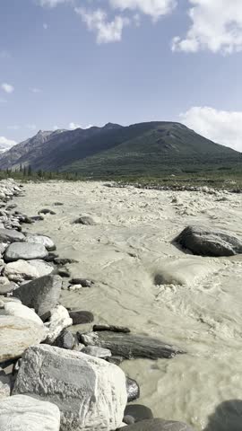River on path to Castner Cave on a summer day in Alaska. 