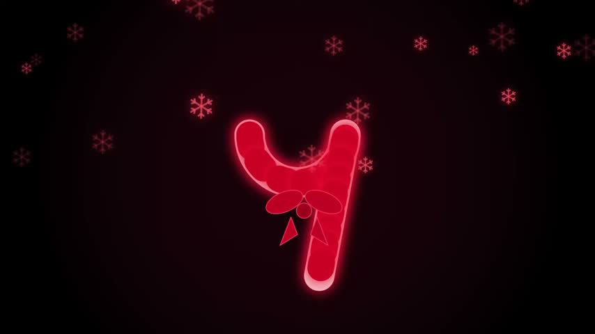A glowing red candy cane decorated with mistletoe, surrounded by falling snowflakes on a dark background, perfect for Christmas holiday designs.