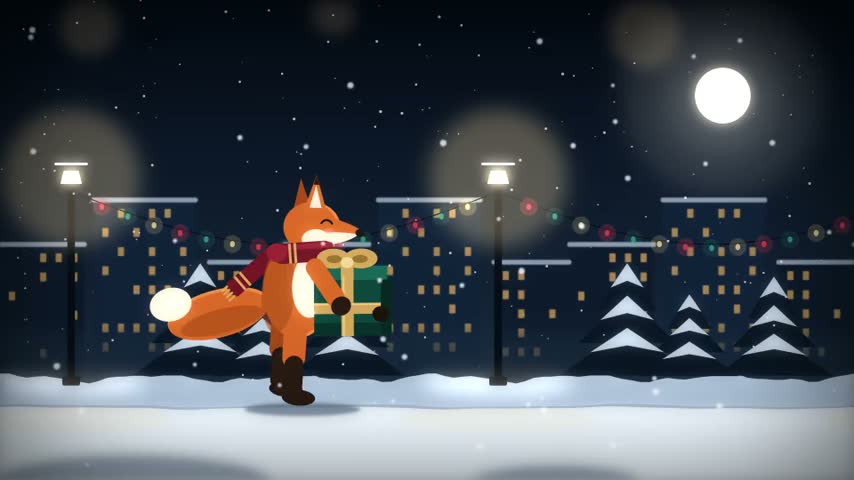 Animated fox carrying Christmas gifts through a snowy town at night