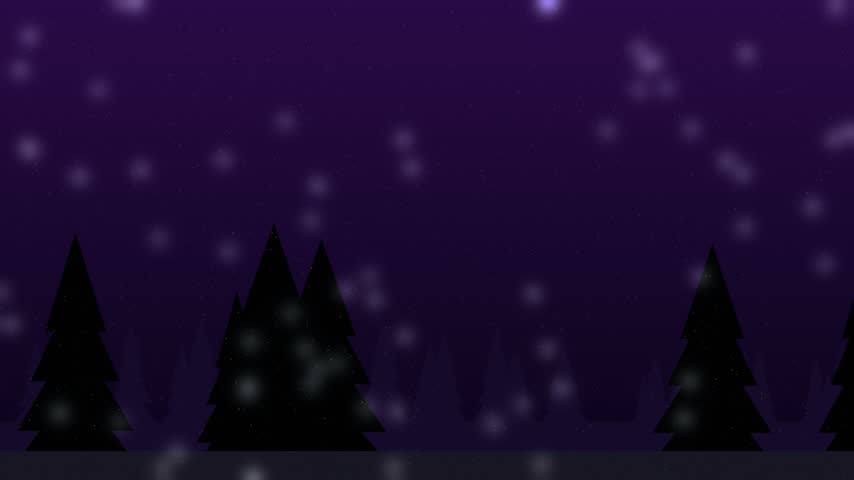 Silhouettes of pine trees under a dark purple night sky with gentle snowfall. Peaceful winter forest scene.