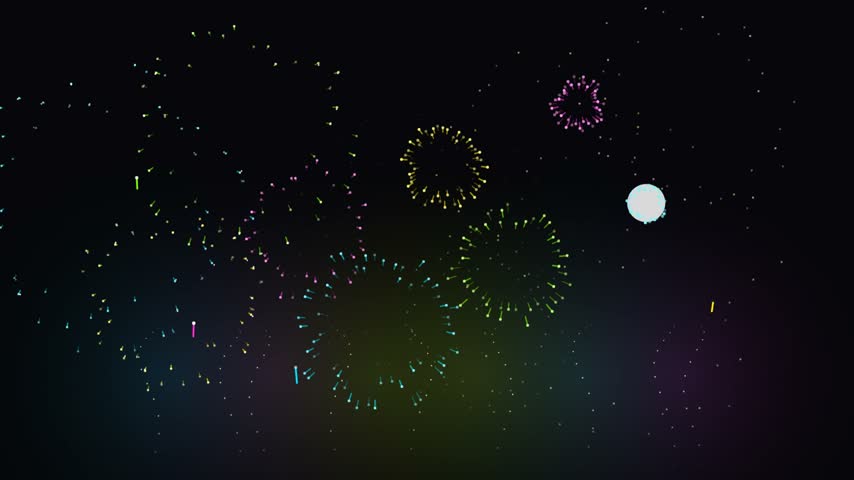 Colorful digital fireworks bursting across a vibrant night sky illustration background.