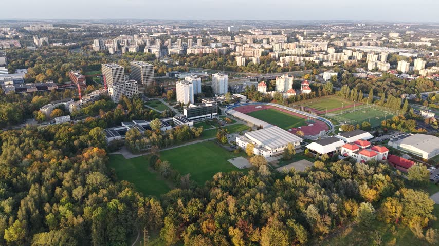 Aerial view of AWF University of Physical Education campus in Krakow, Poland
