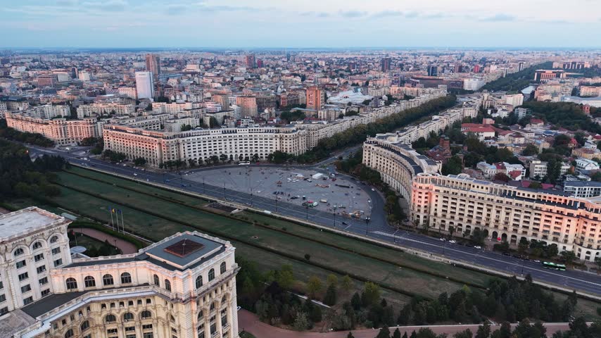 Aerial view of Constitution Square and Unirii Boulevard in Bucharest, Romania