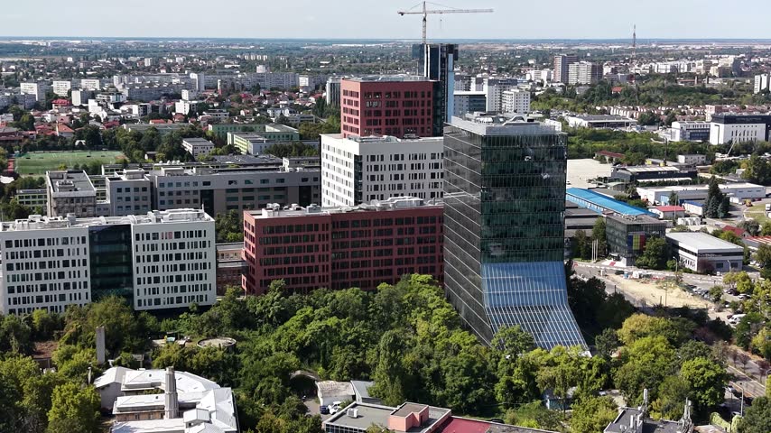 Aerial view of Expo Business Park modern office buildings in Bucharest, Romania