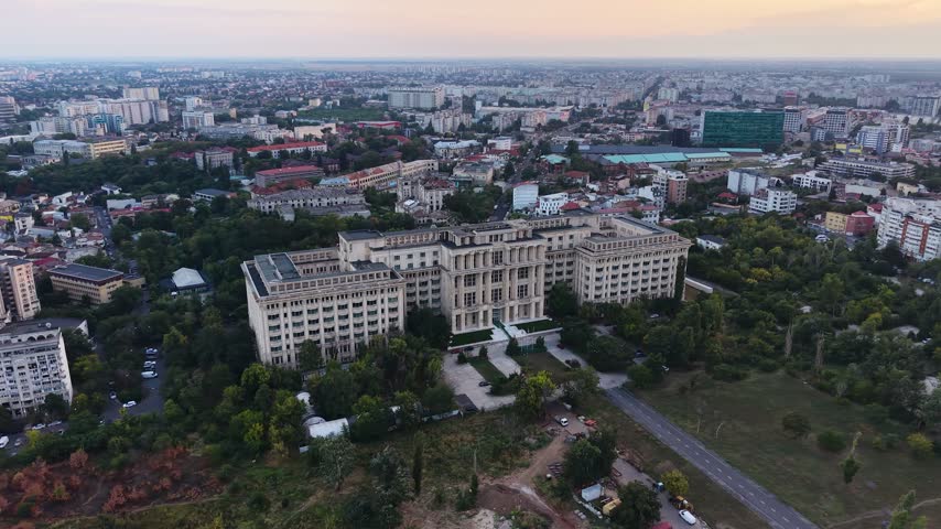 Aerial view of the historic Romanian Academy building in Bucharest, Romania