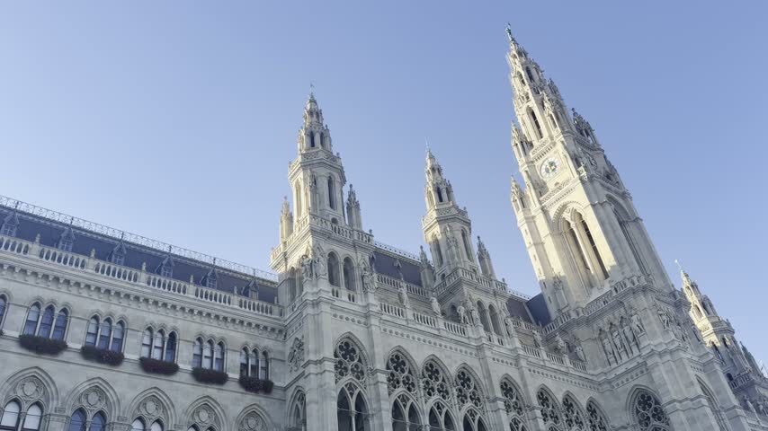 Neo-Gothic facade of the Rathaus, the Vienna city hall, seen from the Rathausplatz square in Vienna.