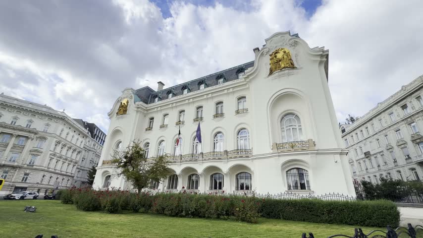 Facade of the French Embassy in Vienna, Austria, built in French Art Nouveau style.