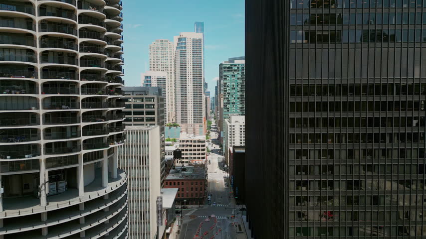 Chicago skyline and city interior along North State Street.