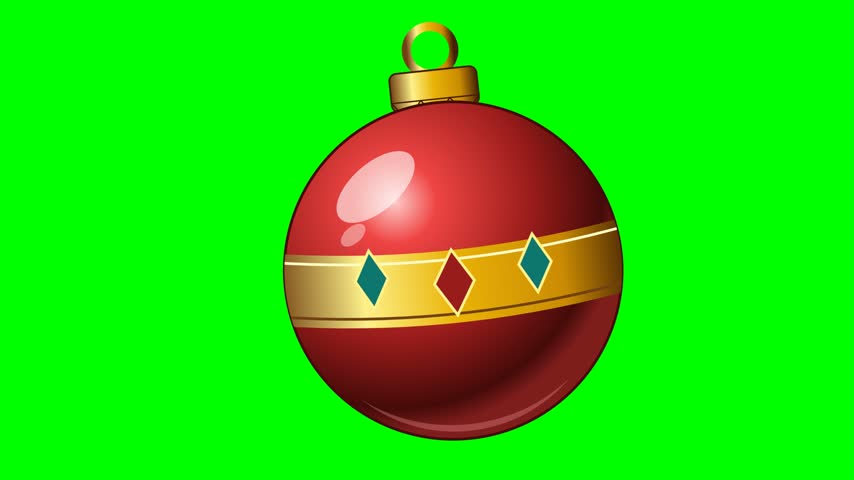 A festive red Christmas tree ornament featuring a golden band with decorative geometric patterns, isolated on a green screen background for easy compositing.