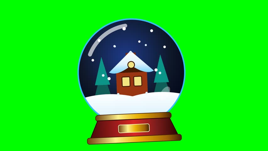 A festive animated snow globe featuring a cozy cottage and evergreen trees against a blue sky, perfect for holiday-themed video projects.