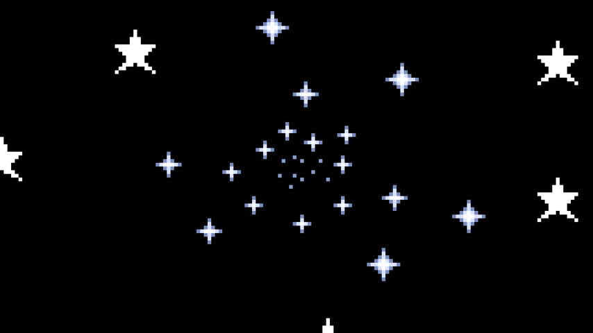 White pixel art stars approach from the distance and spread outward growing larger, a retro game star tunnel in a seamless loop, on black background