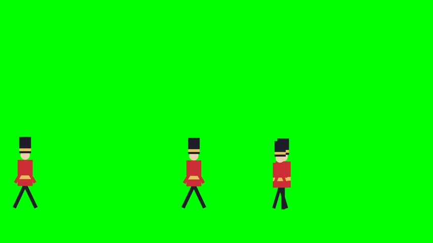 Toy nutcracker soldiers in red coats marching on pure green screen, seamless 4K loop for Christmas productions.