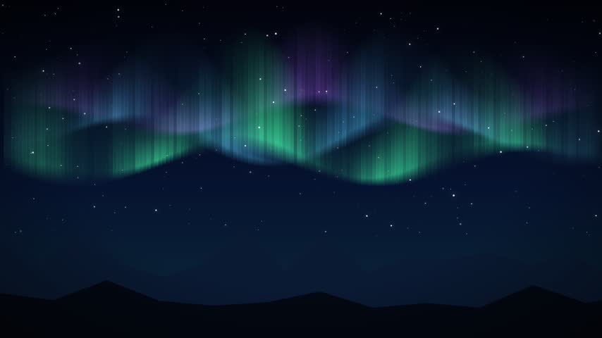 Animated northern lights over a snowy mountain silhouette under a starry night sky, green and purple aurora glow