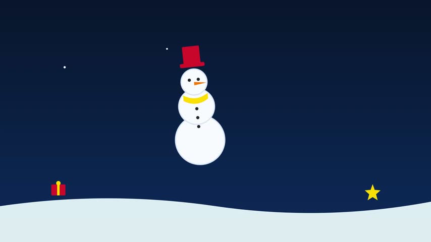Cute vector snowman with red hat and yellow scarf on dark blue winter night background for Christmas design
