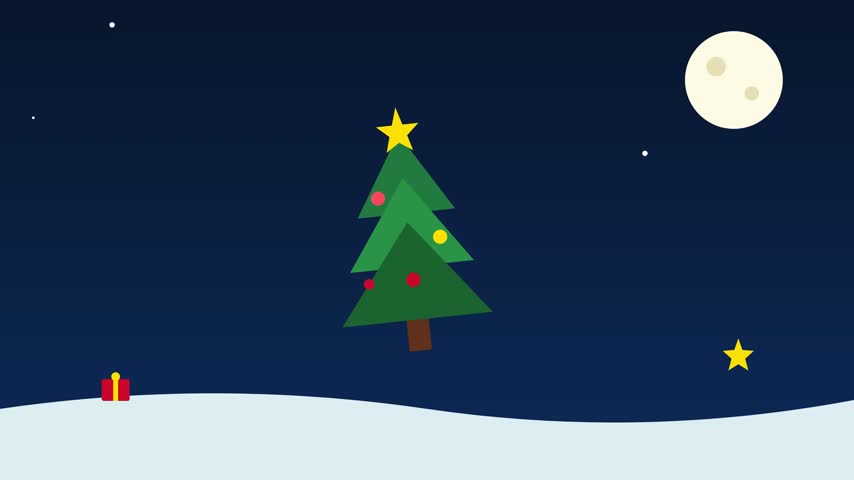 Christmas tree in winter night landscape with snow moon and stars flat vector illustration