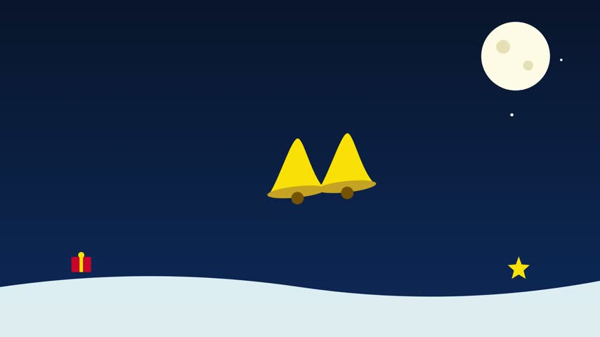 Christmas bells and gift box in winter night landscape with moon and stars flat vector illustration