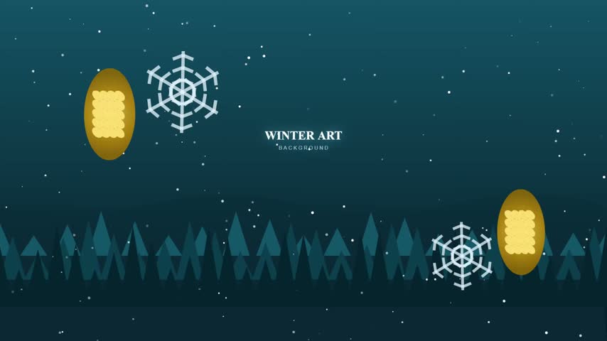 Stylized vector-art winter forest motion graphics background featuring minimalist dark teal pine trees, falling white snowflakes, crystal snowflake shapes, and golden floating decorative ornaments. Designed with a clean central area for text or titles. Perfect for winter holiday greeting cards, seasonal corporate videos, Christmas and New Year backdrops, and creative winter-themed media projects.