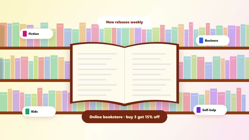 Flat vector animation of an online bookstore with scrolling bookshelves, an open book flipping pages and floating genre chips for fiction, business and kids. Seamless loop.
