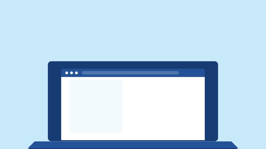 Flat vector illustration of a laptop displaying a digital profile with avatar, biography lines and a four-color portfolio gallery, with floating heart and notification icons