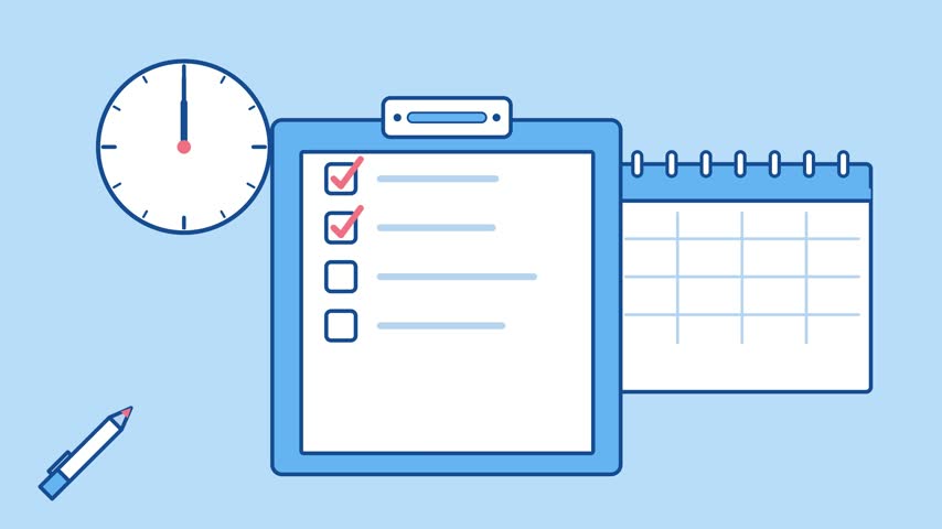 Clean flat vector illustration of a blue task checklist clipboard, analog clock, diagonal pen and spiral desk calendar with animated checkmarks and schedule