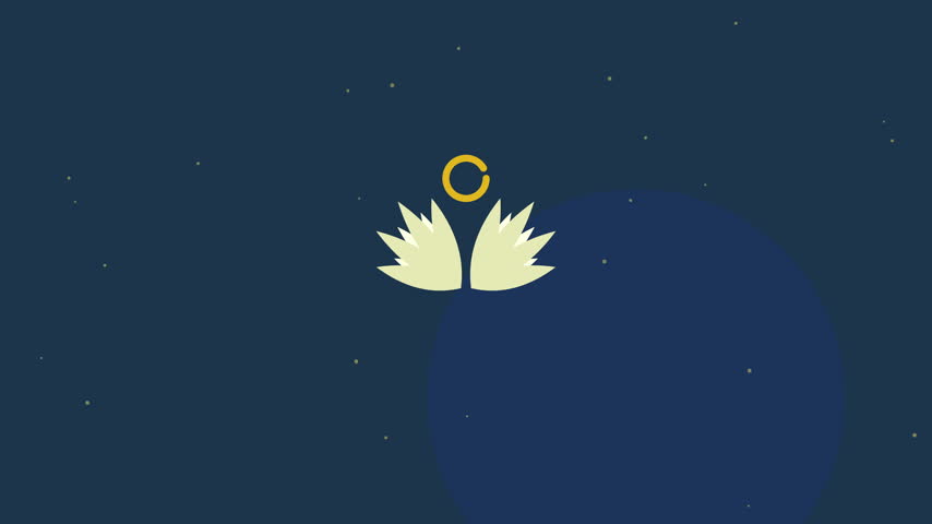 White angel wings with a golden halo on a dark navy background with golden sparkles