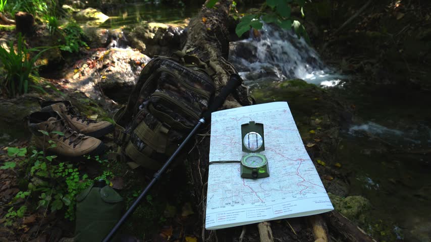 Hiking equipment lying on fallen log by woodland creek, tilting up to reveal dense sunlit forest canopy