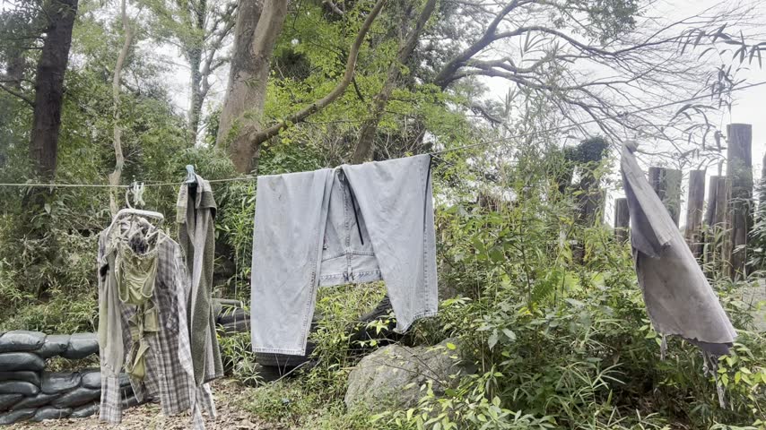 Laundry hangs on a clothing line at a camping site. 