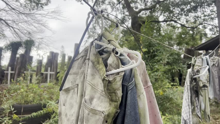 Laundry hangs on a clothing line at a camping site. 