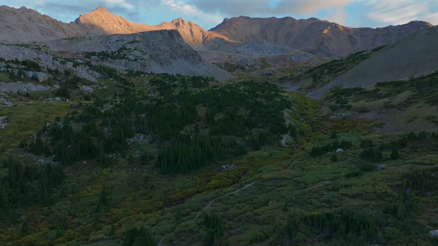 Aerial drone view of Mount Harvard Columbia Collegiate Peaks Sawatch Range Rocky Mountains Buena Vista Colorado summer morning sunrise North Cottonwood Creek trail San Isabel National Forest forward