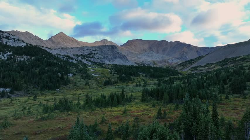 Aerial drone view of Mount Harvard Collegiate Peaks Sawatch Range Rocky Mountains Buena Vista Central Colorado late summer early morning sunrise North Cottonwood Creek trail San Isabel National Forest