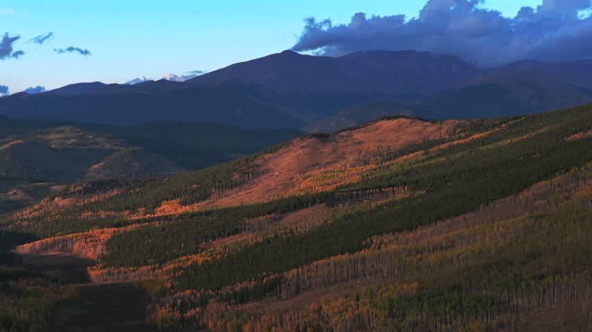 Aerial drone view Kenosha Pass Mount Bierstadt fall autumn quaking aspen trees forest sunset Grant Fairplay Jefferson landscape Colorado Trail Front Range Rocky Mountains Continental Divide circle