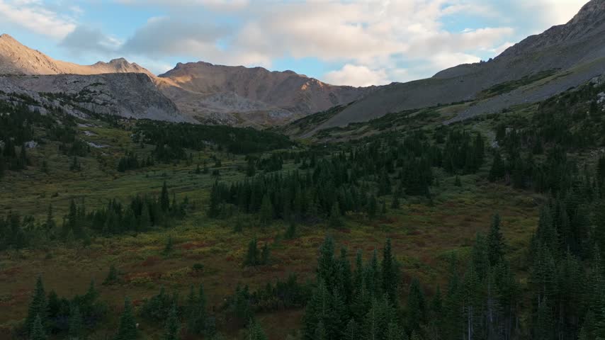 Aerial drone view landscape of Mount Harvard Columbia Collegiate Peaks Sawatch Range Rocky Mountains Buena Vista Colorado summer morning sunrise North Cottonwood Creek trail San Isabel National Forest