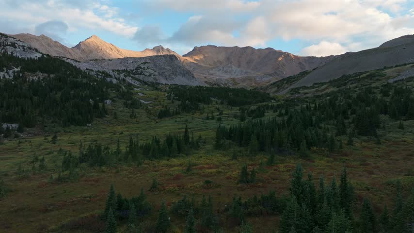 Aerial drone view of Mount Harvard Collegiate Peaks Sawatch Range Rocky Mountains Buena Vista Central Colorado summer morning sunrise North Cottonwood Creek trail San Isabel National Forest forward