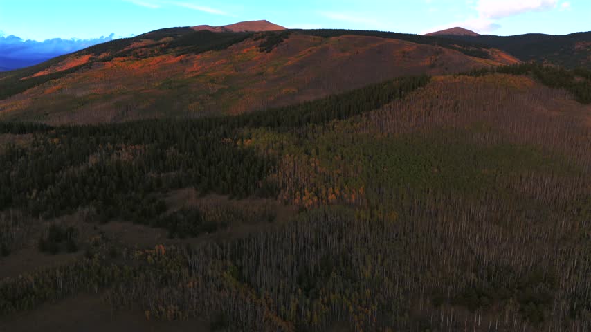 Aerial drone view Kenosha Pass Mount Bierstadt fall autumn quaking aspen trees forest sunset Grant Fairplay Jefferson landscape Colorado Trail Front Range Rocky Mountains Continental Divide circle