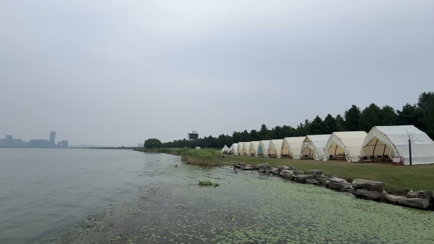 4K static wide shot of a lakeside campsite with a row of white tents along Taihu Lake in Suzhou. Overcast sky creates diffused light over calm water, floating aquatic plants, and a distant city skyline.