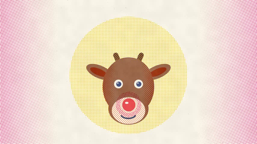 A red and brown reindeer portrait develops branching antlers in an animated retro print.