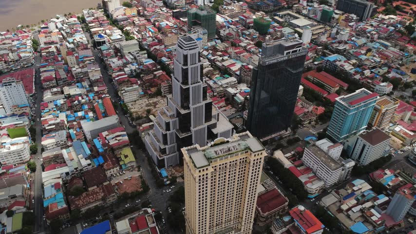 Headquarters of the National Bank of Cambodia NBC in Phnom Penh, Cambodia aerial drone view