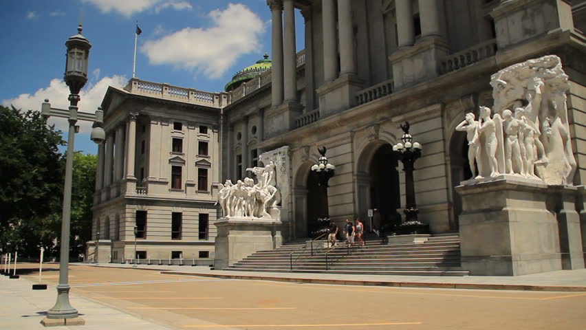 Tourists leave the capitol building in Harrisburg, Pennsylvania.