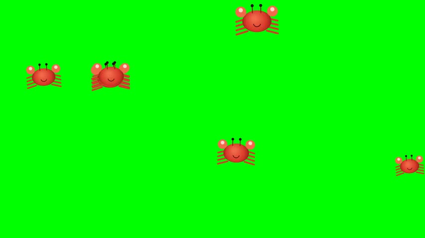 Floating red crabs with patterned shells, raised claws and stalked eyes on pure chroma green; seamless 10s loop for easy keying.