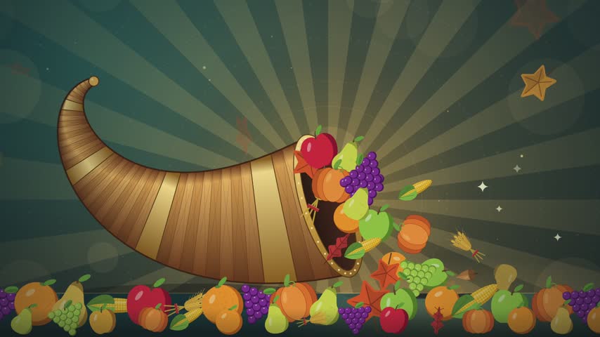 Thanksgiving Cornucopia Horn of Plenty Motion Background Animation with Harvest Fruits, Pumpkins, Sunburst Rays, and Dark Green Aesthetic