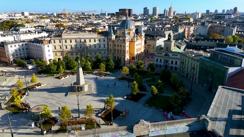 A view of the Church of the Descent of the Holy Spirit and Piotrkowska Street in the city of Lodz, Poland, seen from the Liberty Square.
