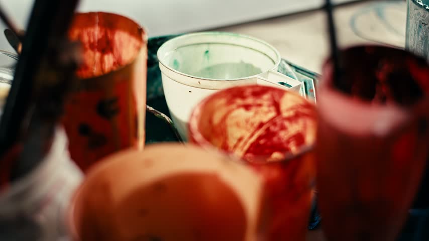 Close up of orange paint cups and a measuring cup with green rinse water