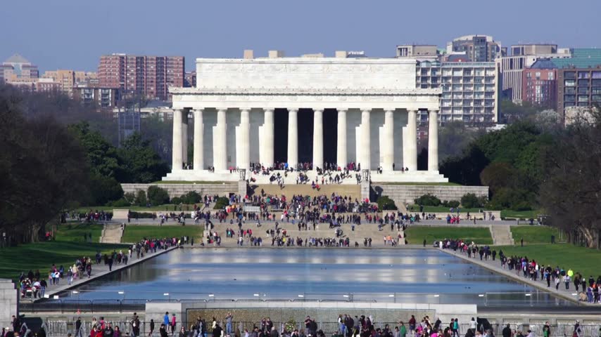 4K Aerial time lapse View of the Lincoln Memorial in Washington DC, USA, Showcasing the Iconic Monument, Neoclassical Architecture, and Historic National Landmark Honoring Abraham Lincoln.