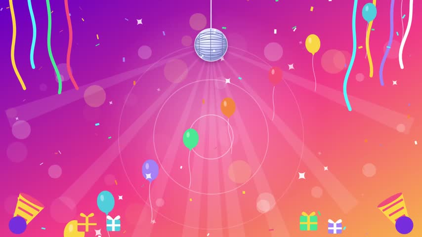 Flat vector motion graphics animation of a colorful celebratory party background featuring a spinning disco ball, floating balloons, colorful streaming confetti, party poppers, and wrapped gift boxes, creating a joyful and vibrant atmosphere.