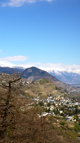 Vertical top view. Valère Basilica and Château de Tourbillon on hilltops, Sion