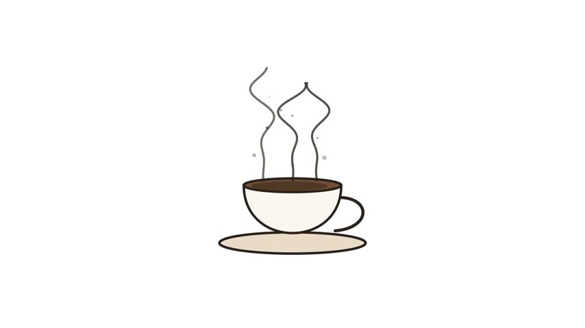 Flat 2D vector style graphic featuring a warm coffee cup with smooth, rising steam trails in a continuous loop animation.