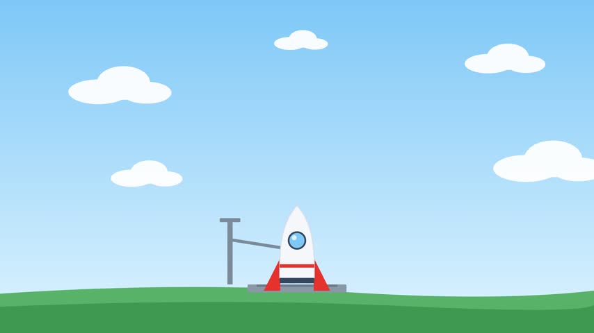 4K flat design animation of a rocket lifting off with smoke clouds stars and a launch day banner ribbon