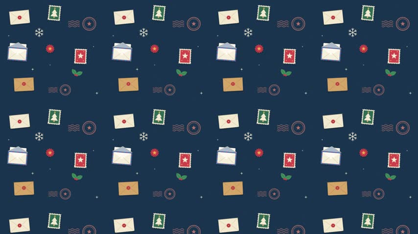 A flat vector illustration of a Christmas-themed mail pattern featuring cream-colored envelopes, festive stamps with trees and stars, and snowflakes on a deep blue background. The clean, graphic style is perfect for holiday motion graphics, wrapping paper overlays, or seasonal marketing campaigns.