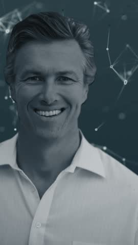 Animation of portrait of Caucasian man with multiple white business icons and network of connections on green background. Global networking connections concept digital composite.